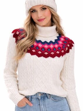 LOFT Women’s Small Fair Isle Turtleneck Pullover Sweater White Nordic Knit